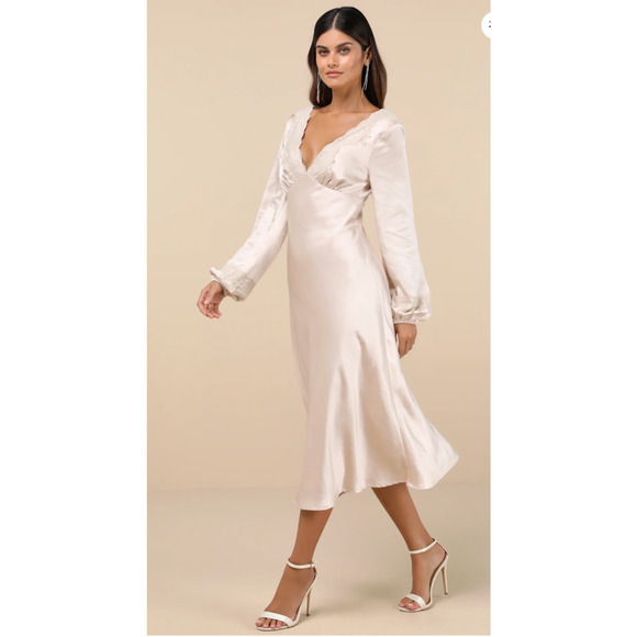 Lulus Women Illustrious Elegance Champagne Satin Long Sleeve Midi Dress Size: L - Picture 9 of 10